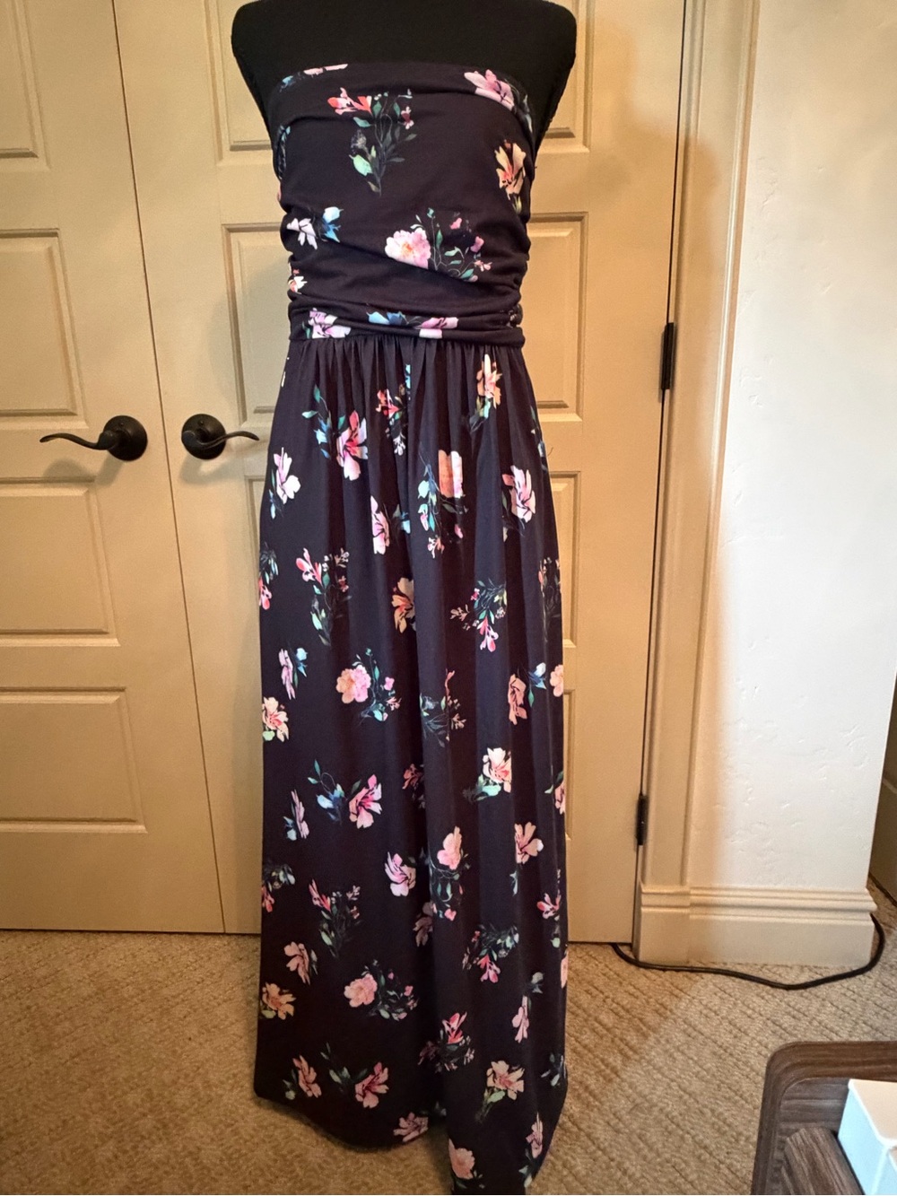 Grace Karin Black Strapless Floral Maxi Dress with Pink Accents